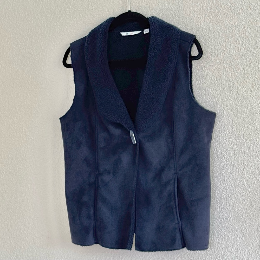 QVC Denim & Co Medium Navy Faux Suede Sherpa Vest Pockets Toggle Button